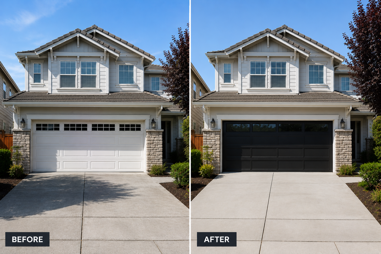 Before and after full-view glass garage door upgrade on a remodeled home in Downtown Napa
